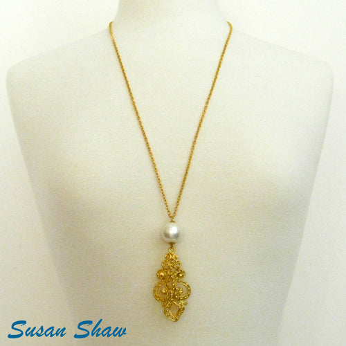 SUSAN SHAW FRENCH SCROLL DROP PEARL & CHAIN NECKLACE
