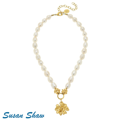 Handcast Gold Flower on Genuine Freshwater Pearl Necklace