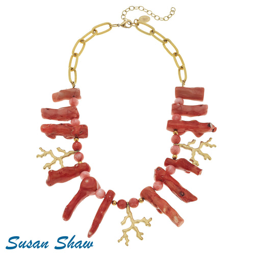 SUSAN SHAW Genuine Branch Coral and Handcast Gold Coral Necklace