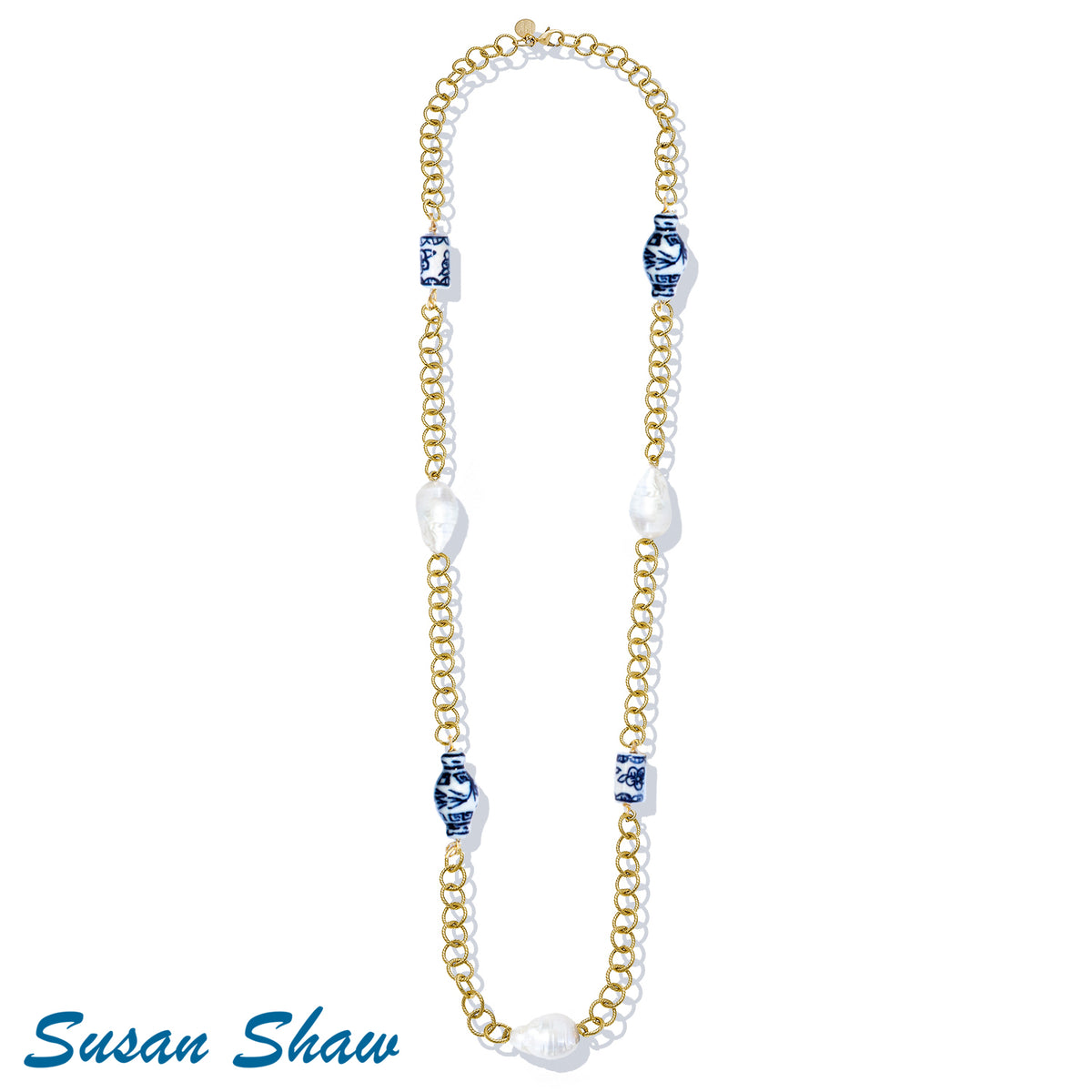 Susan Shaw 30" Gold Chain, Genuine Freshwater Baroque Pearl & Porcelain Bead Necklace