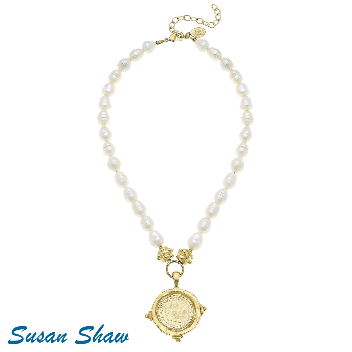 Handcast Gold Coin Intaglio Pendant on Genuine Freshwater Pearl Necklace