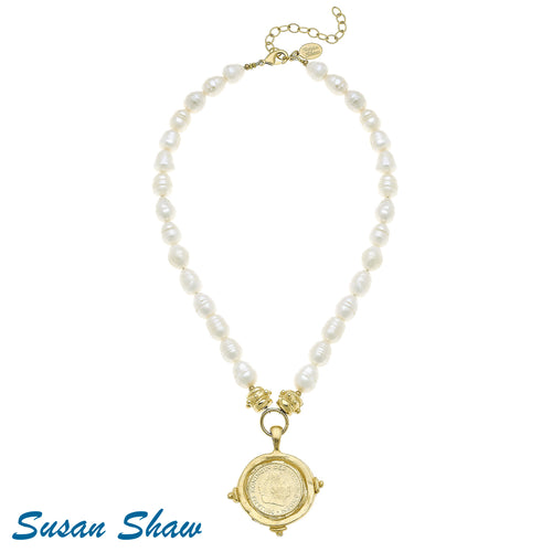 Handcast Gold Coin Intaglio Pendant on Genuine Freshwater Pearl Necklace