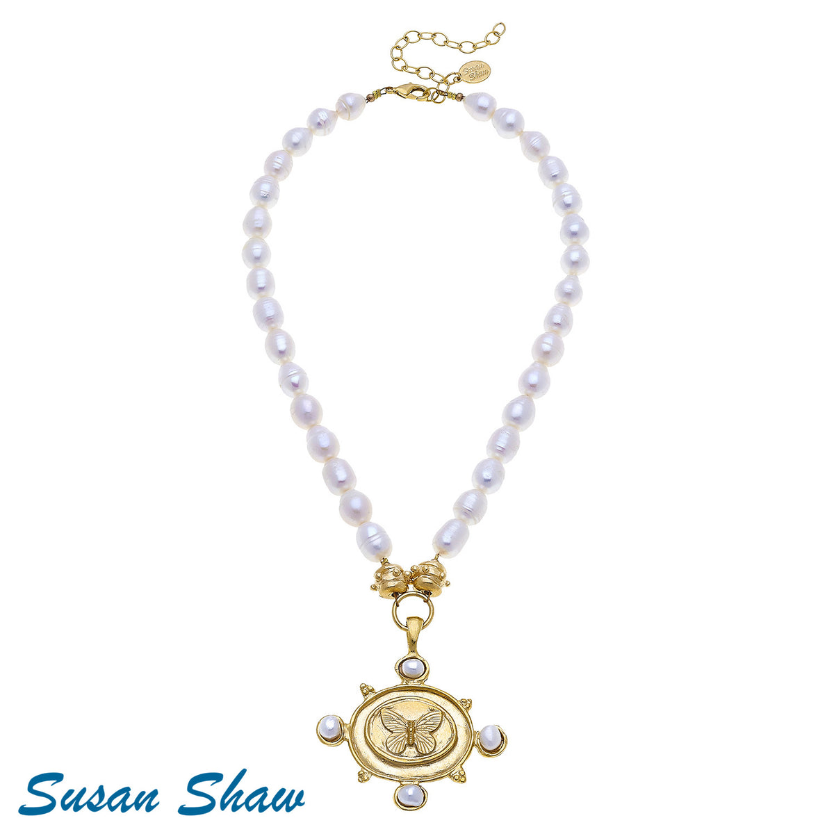 SUSAN SHAW Gold Oval Butterfly on Genuine Freshwater Pearl Necklace