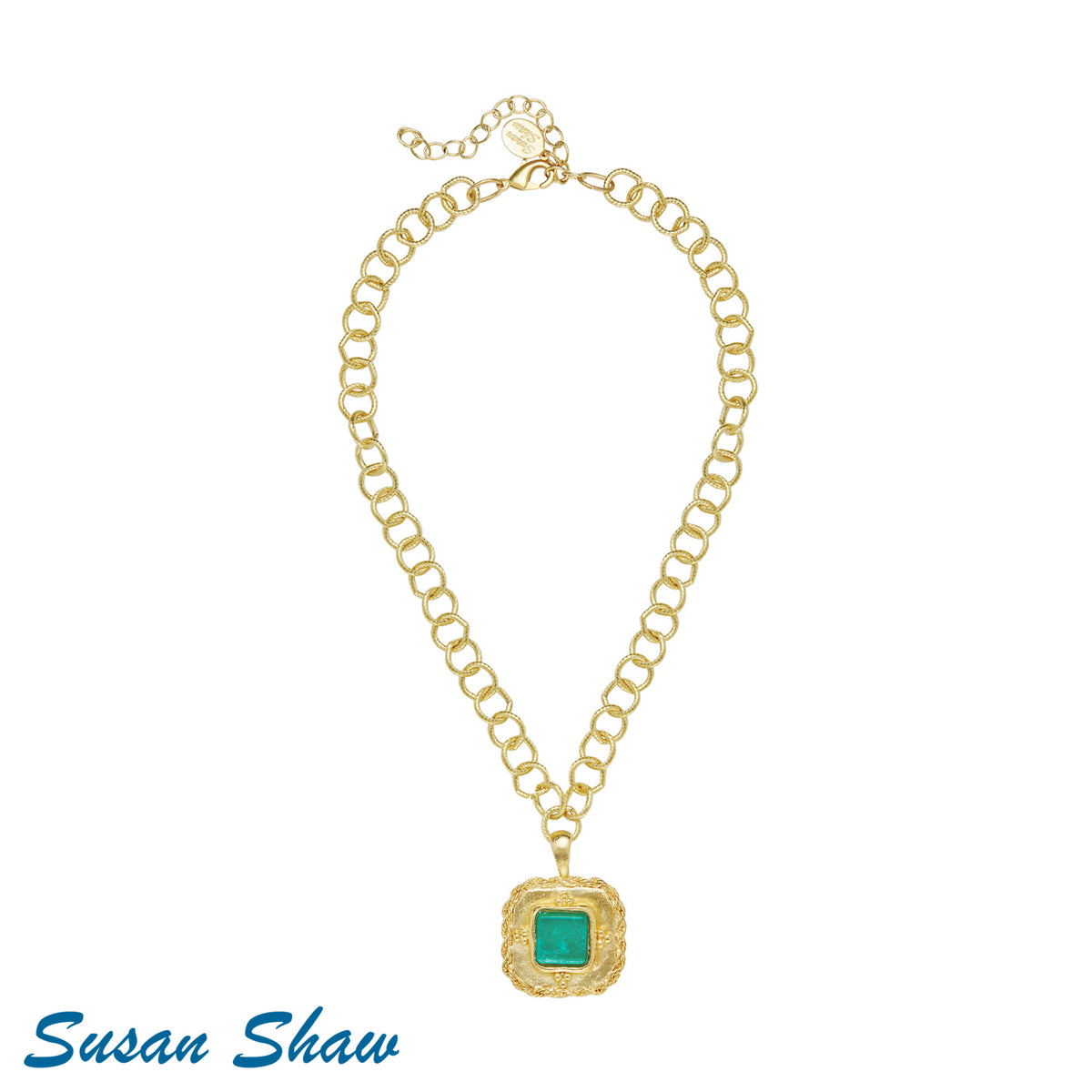 Teal French Glass on Gold Chain Necklace