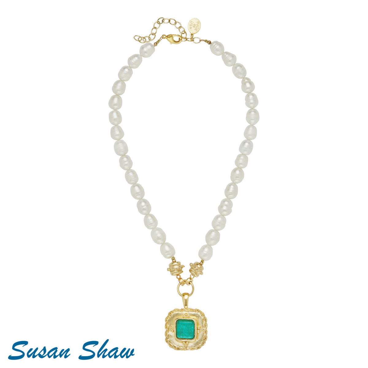 Teal French Glass on Genuine Pearl Necklace