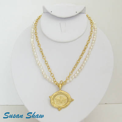 Susan Shaw Necklace: Golden Bee with Pearls and Chain
