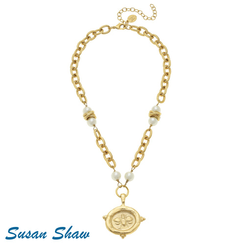 Susan Shaw Necklace: Gold Bee with White Pearls