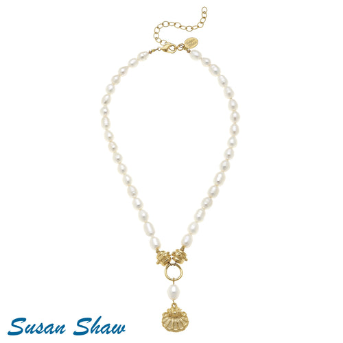 Handcast Gold Scallop Shell on Genuine Freshwater Pearl Necklace