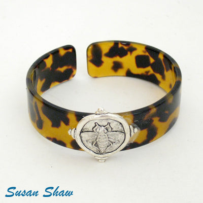 Susan Shaw Bracelet: Faux Tortoise Bracelet with Silver Tone Bee